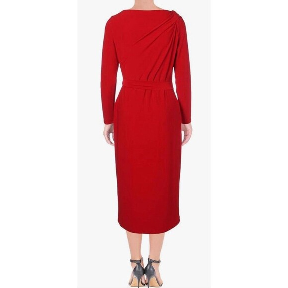 LAUREN RALPH LAUREN Connie Red Buckle Faux Wrap Midi Dress 16 Jersey Holiday - Picture 2 of 16
